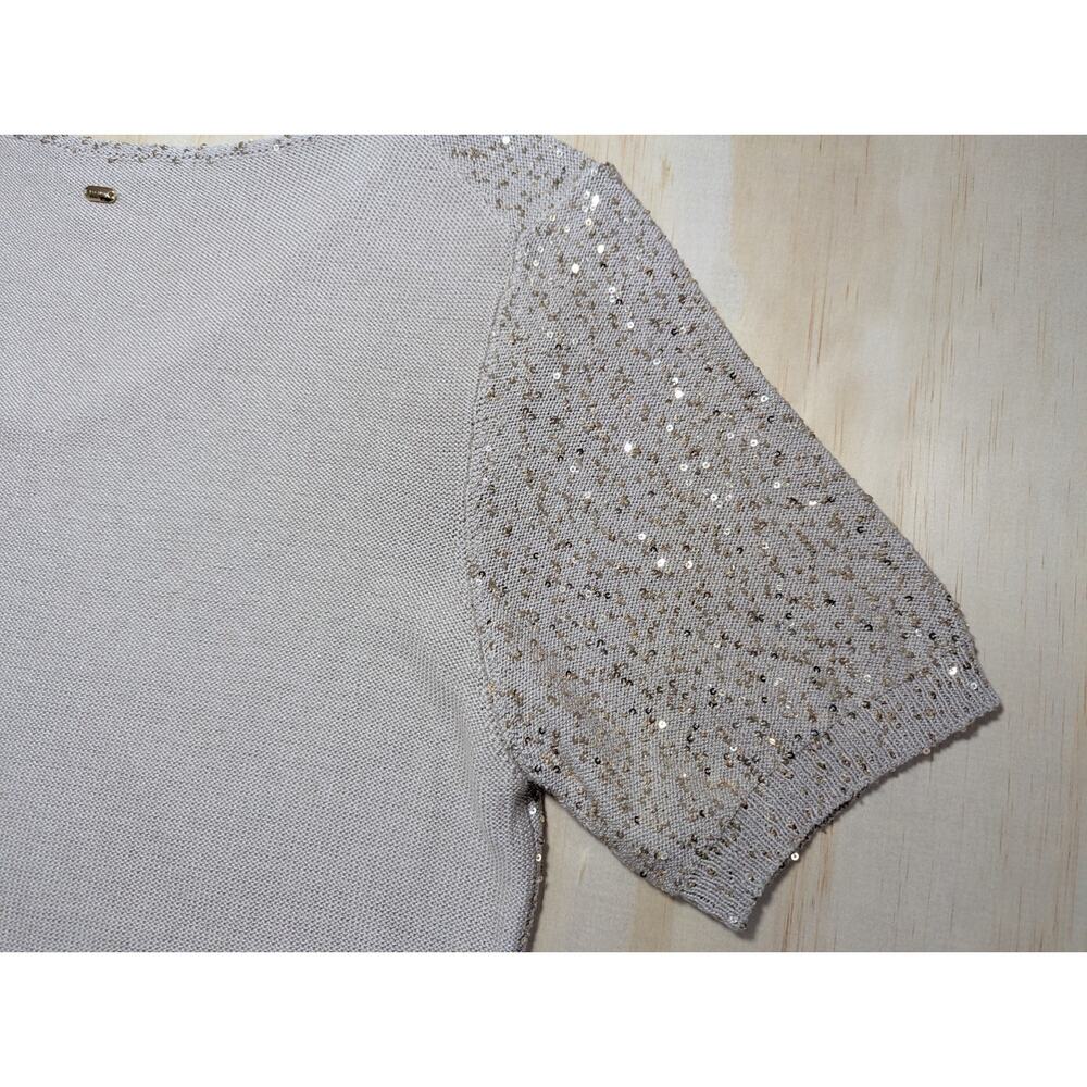 Escada Sagira Top Large Silk Cotton Sequin Knit Short Sleeve Blouse Beige Italy - Picture 11 of 16